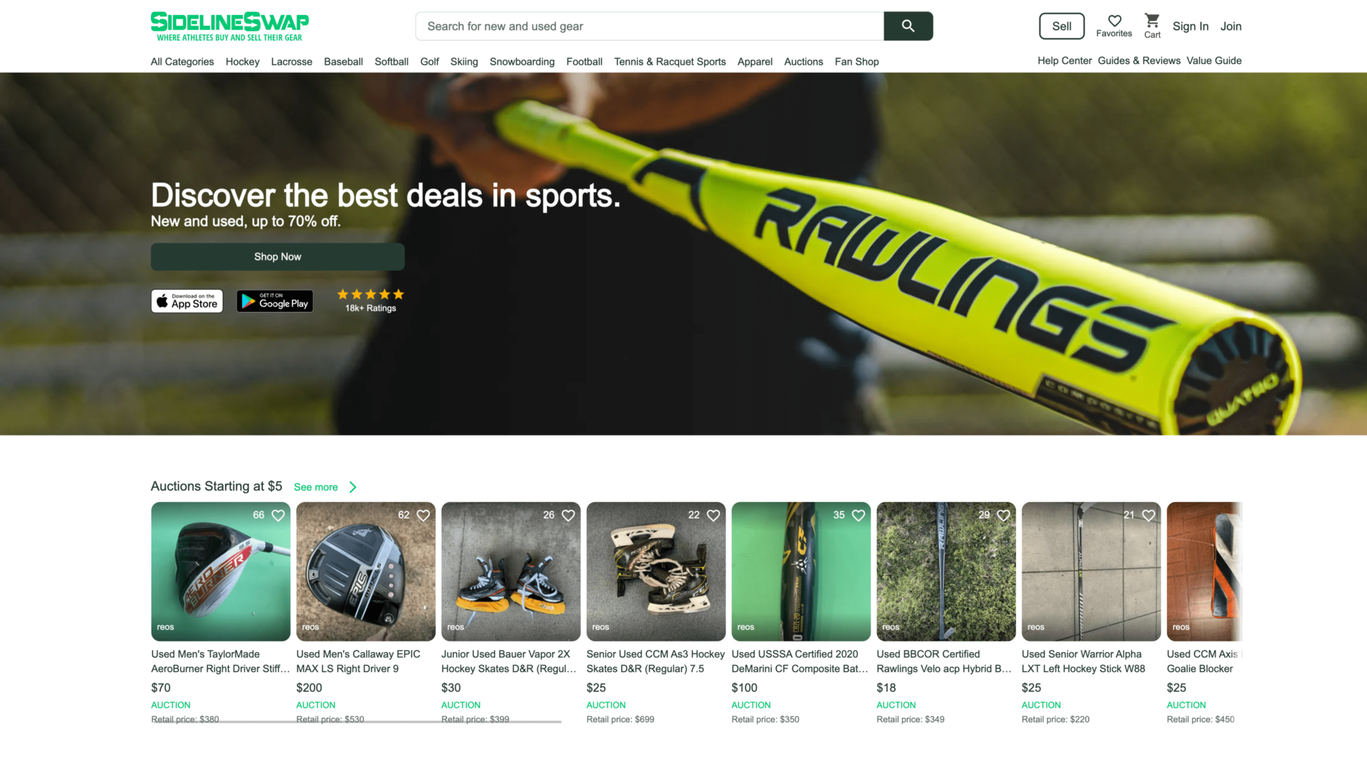 a screenshot of the sidelineswap homepage