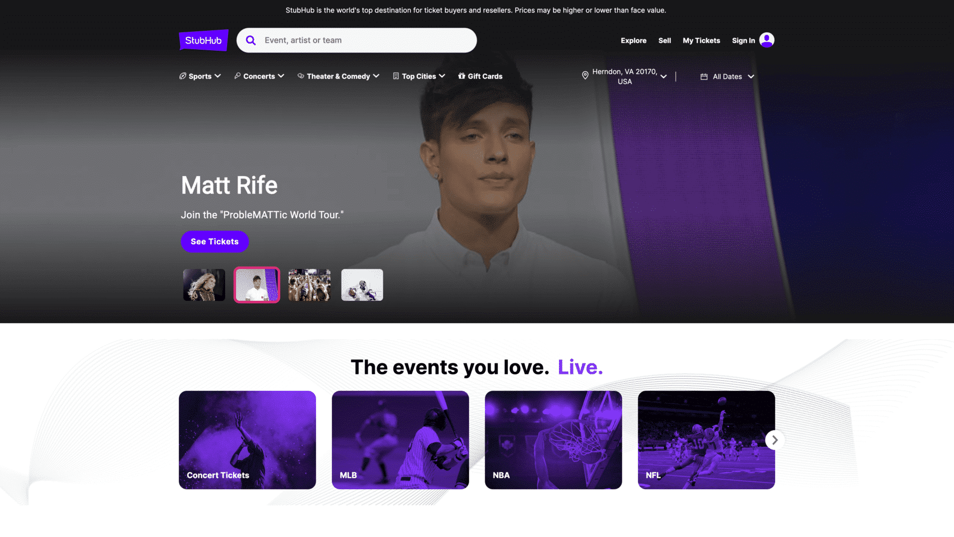 a screenshot of the stubhub homepage