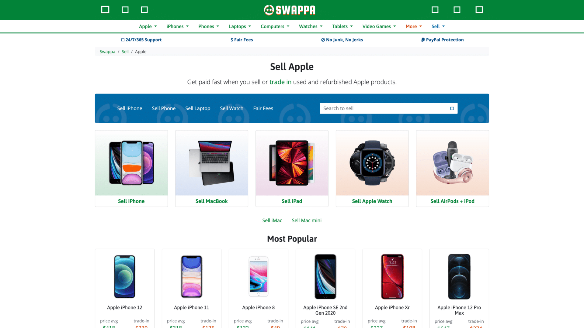 a screenshot of the swappa sell apple homepage