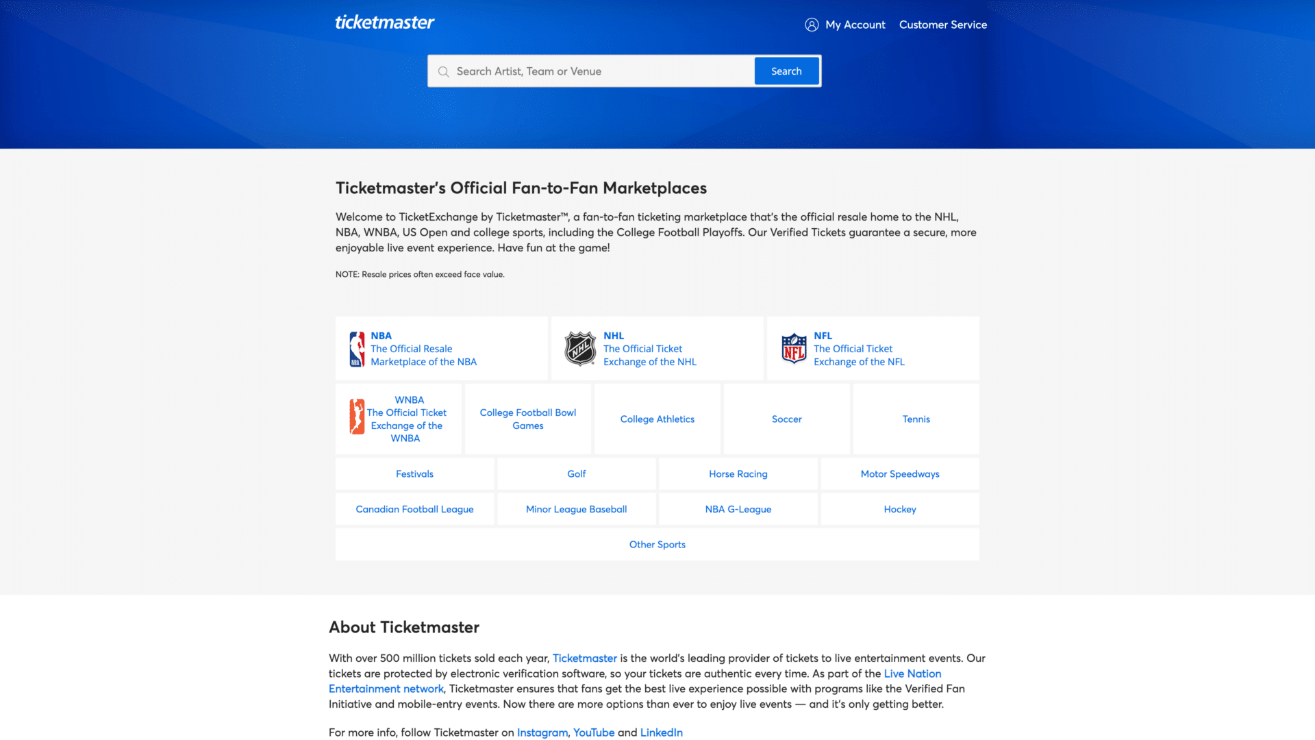 a screenshot of the ticket exchange by ticketmaster homepage