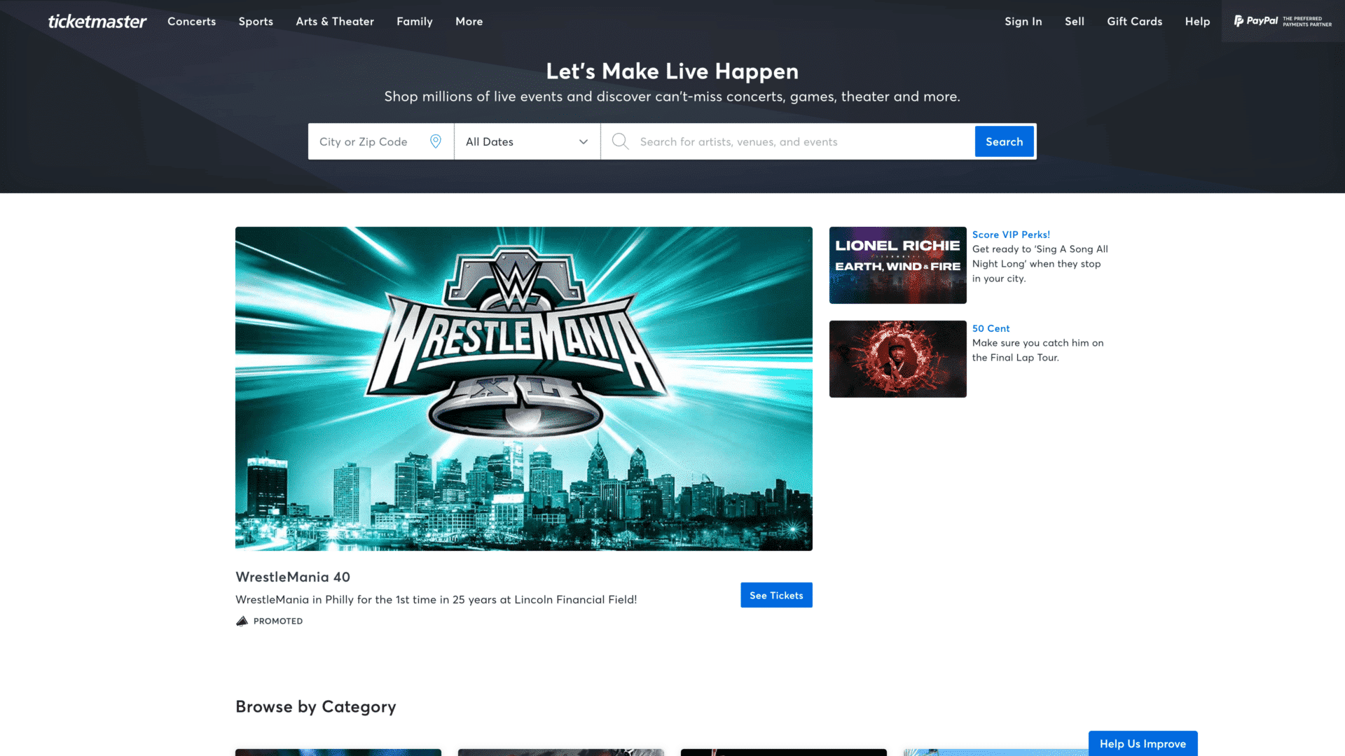 a screenshot of the ticketmaster homepage