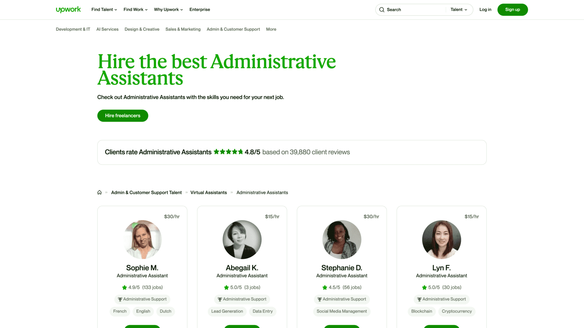 a screenshot of the upwork hire administrative assistants homepage