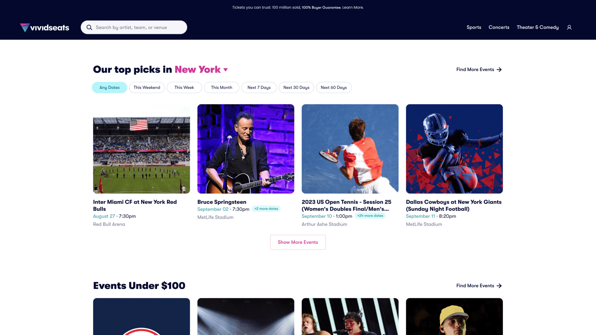 a screenshot of the vividseats homepage