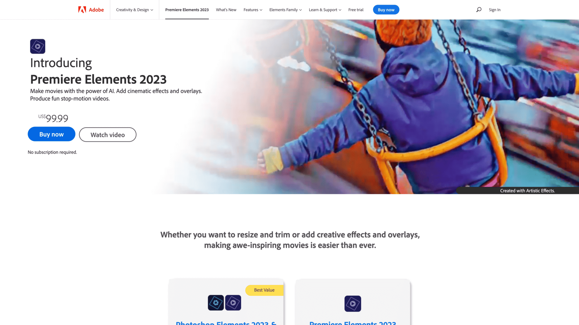 a screenshot of the Adobe Premiere Elements homepage