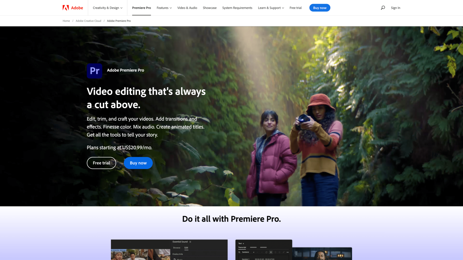 a screenshot of the Adobe Premiere Pro homepage