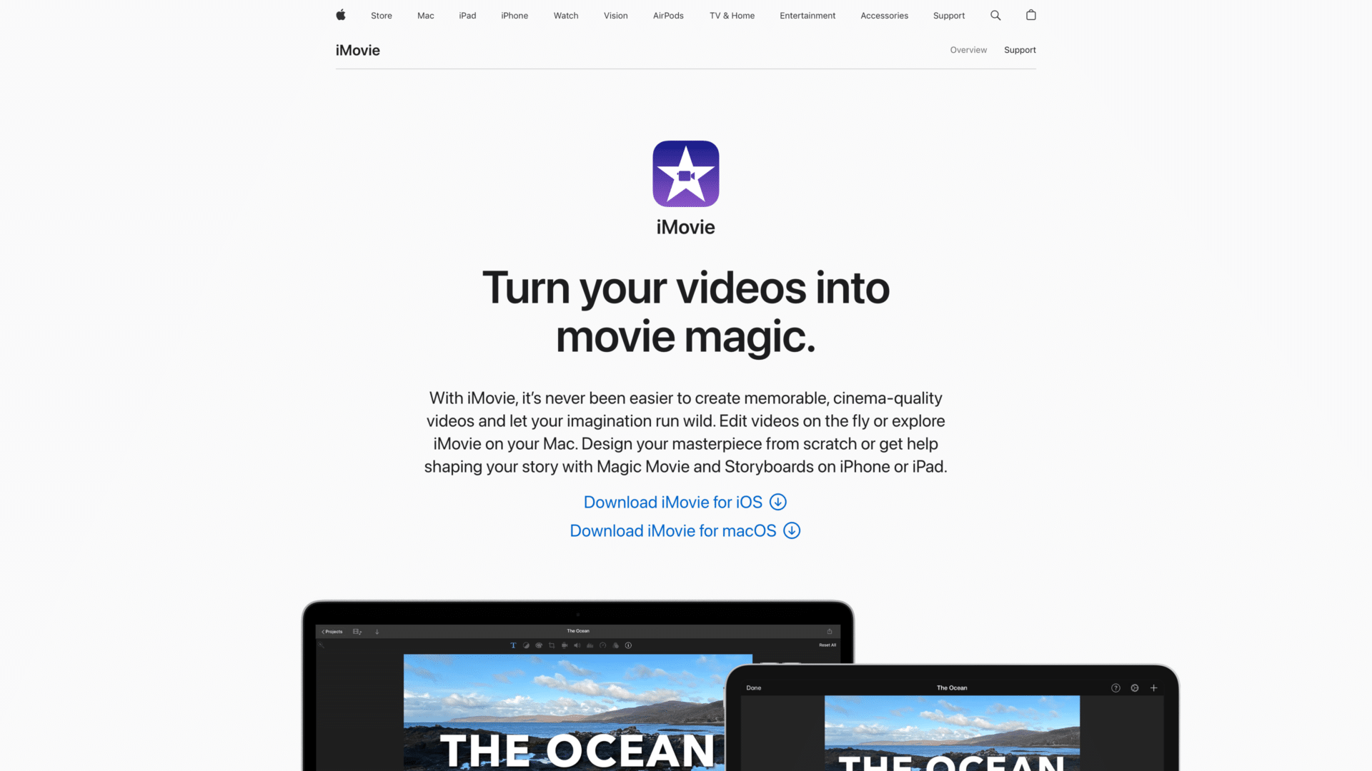 a screenshot of the Apple iMovie homepage