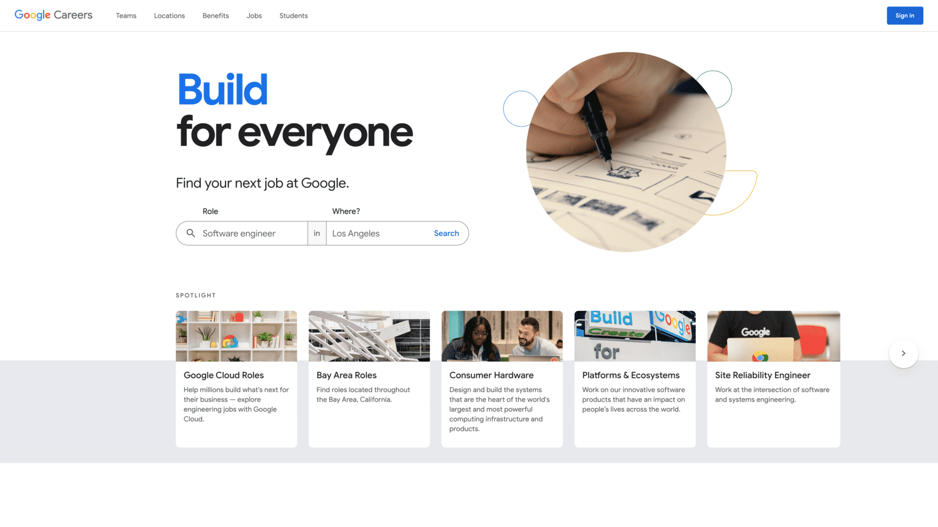 a screenshot of the Google careers homepage