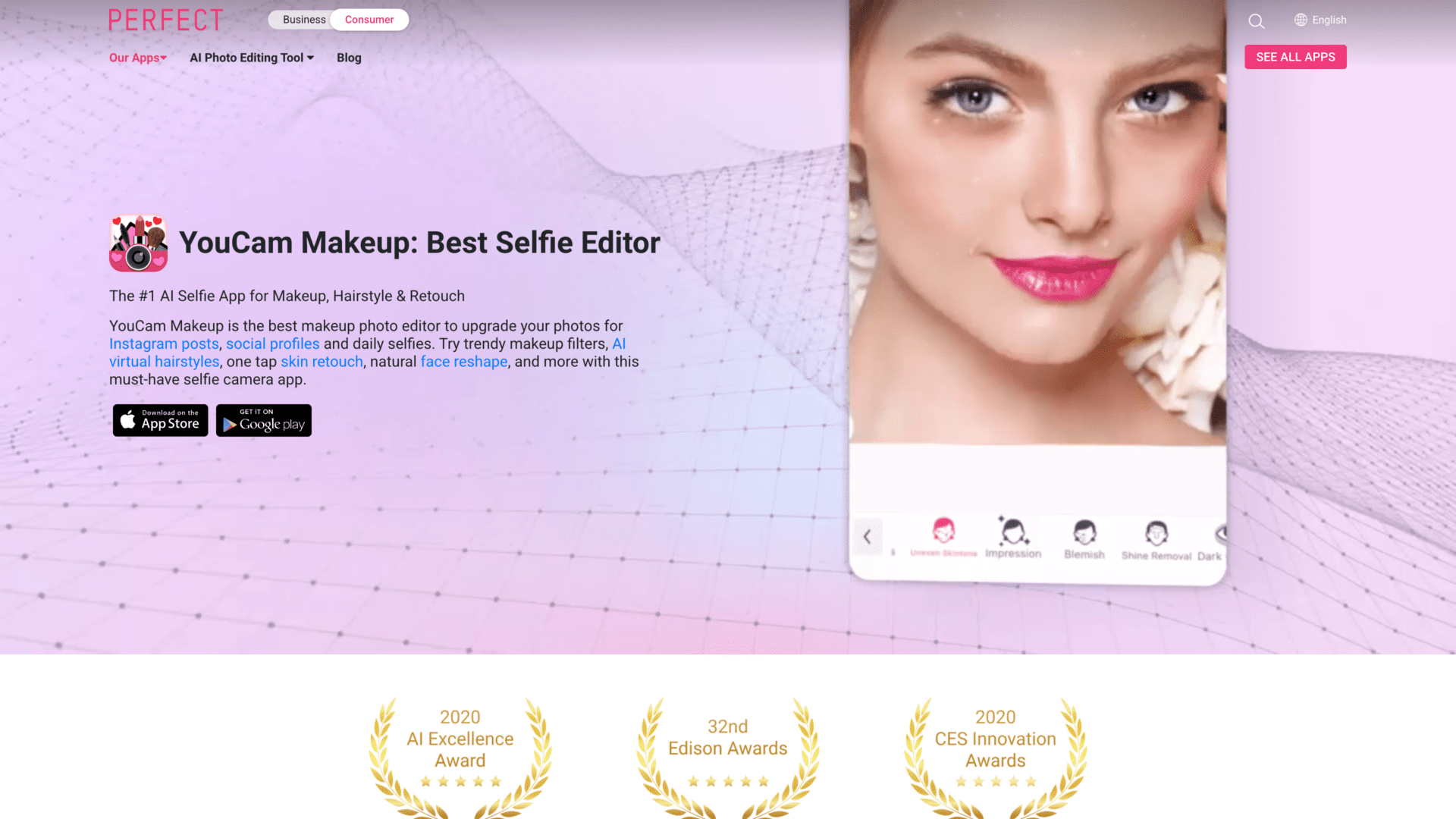 a screenshot of the YouCam Makeup homepage