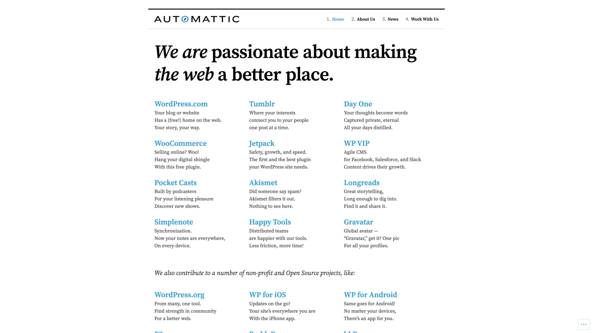 a screenshot of the automattic homepage