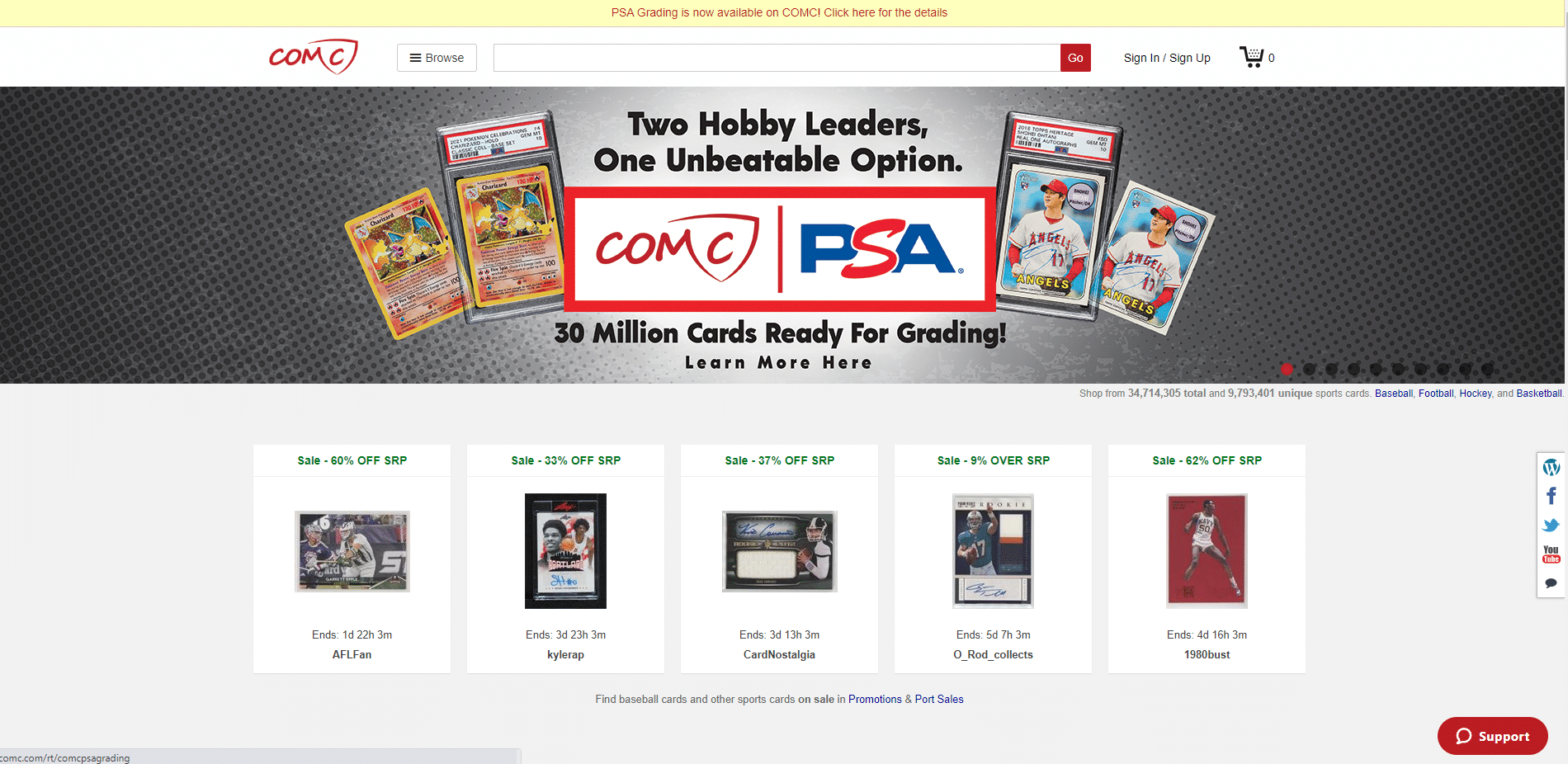 screenshot of the comc homepage - within the where to sell baseball cards post on gigworker.com