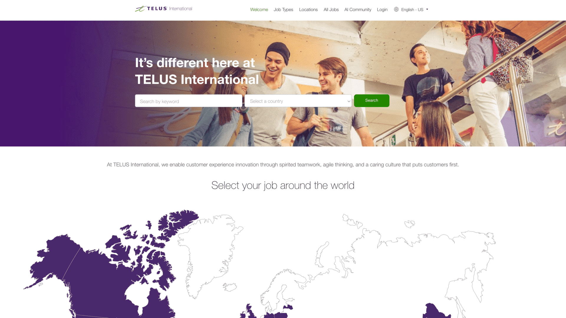 a screenshot of the
jtelusinternational jobs homepage