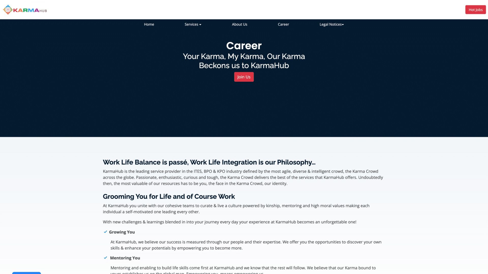 a screenshot of the karmahub Career homepage