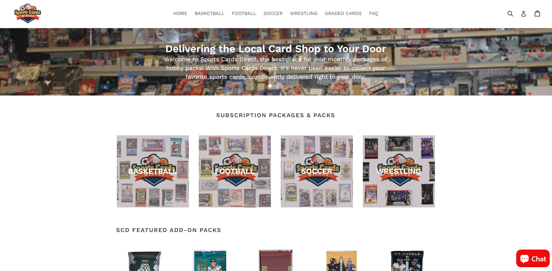 screenshot of the sports card direct homepage