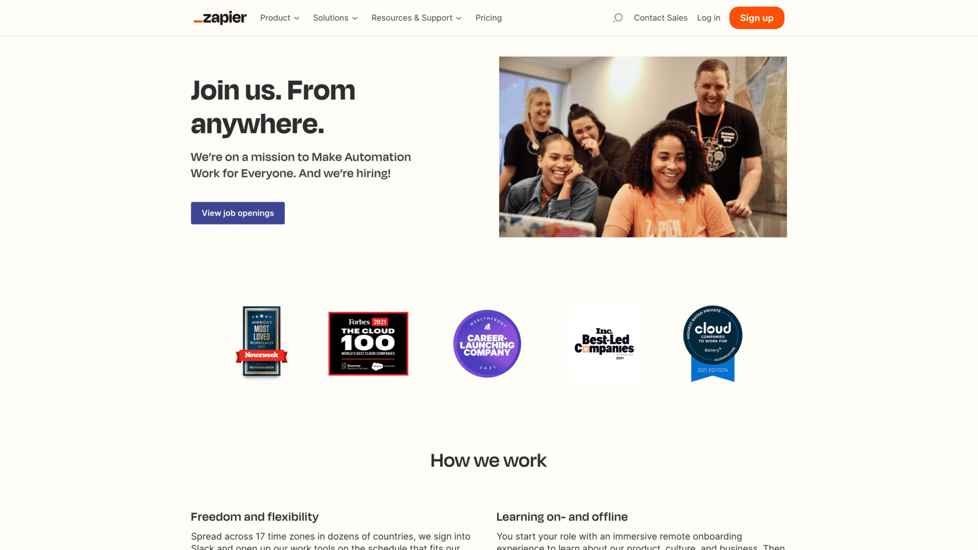 a screenshot of the zapier jobs homepage