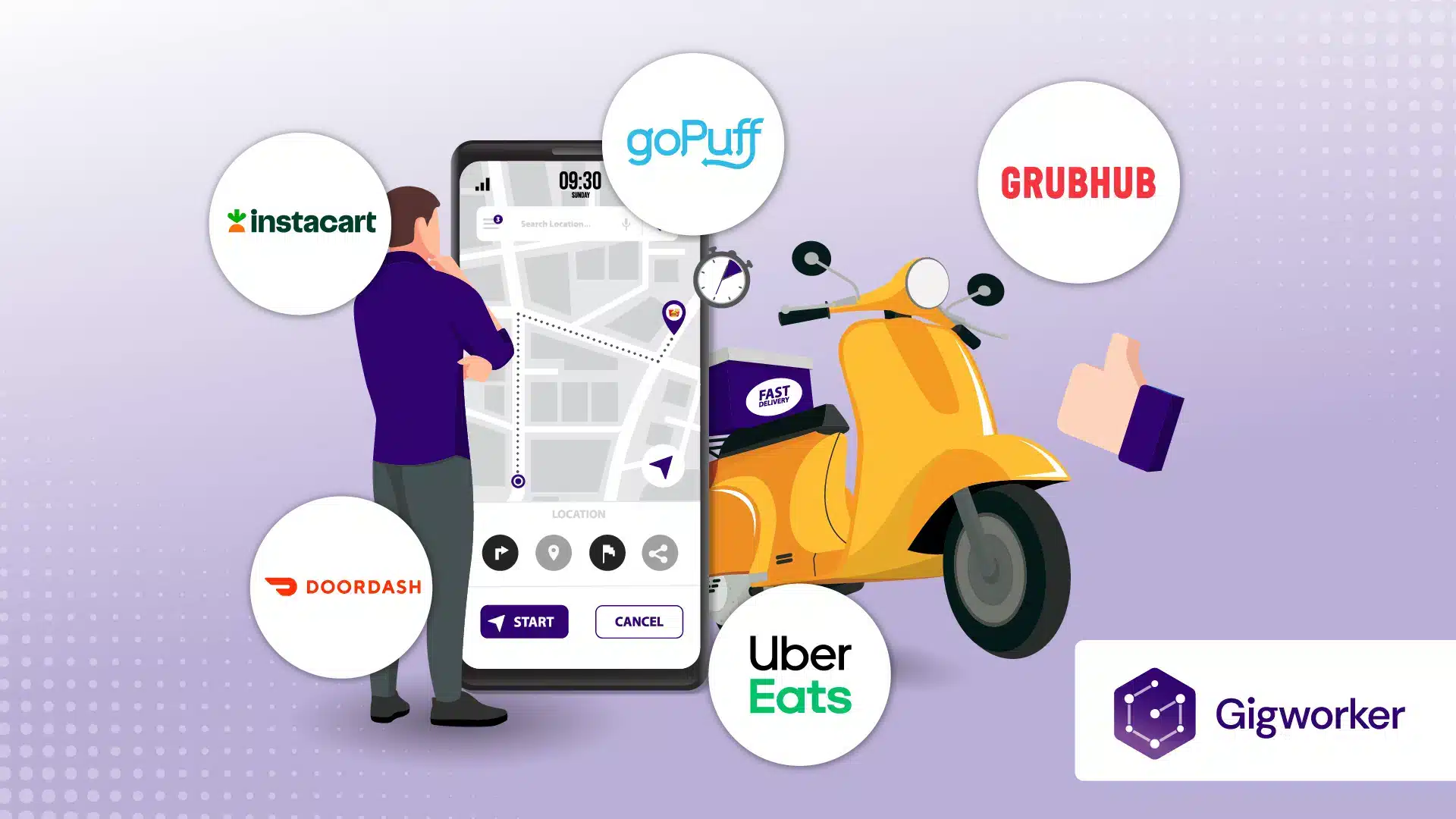 vector graphic showing a man in front of an illustration of the best delivery side hustles